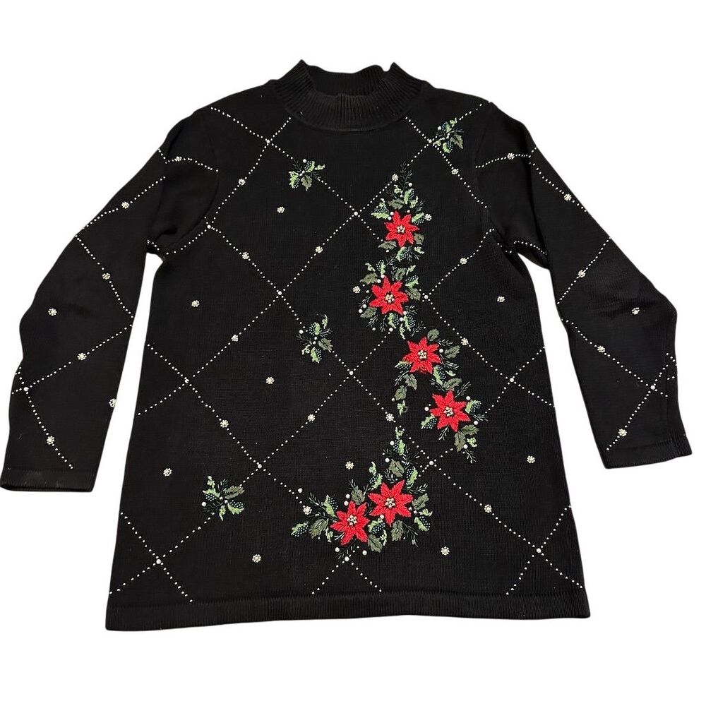 Victoria Jones Women's M Black Floral Embroidered Vintage Sweater